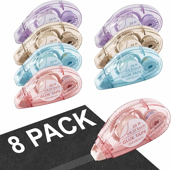 Double-Sided Tape Runner, Pack of 8, 0.31 Inches x 26 Ft Adhesive Tape Runners, Craft Supplies for Scrapbooking, Gift Wrapping, and Paper Art.