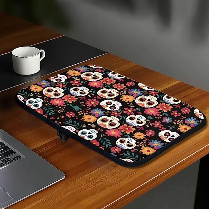 Skull Printed Computer Carrying Cover with Floral Print Laptop Case Bag Easy to Carry Computer Bag, 15 Inch Lightweight Laptop Briefcase Messenger Bag for Women