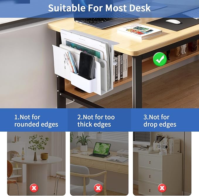 LUKETURE Desk Side Storage, 2 Tier Steel Hanging Organizer, No Drill Side Desk Organizer, Laptop Holder, with Pen Holder, Hanging Table Storage for Office and Home