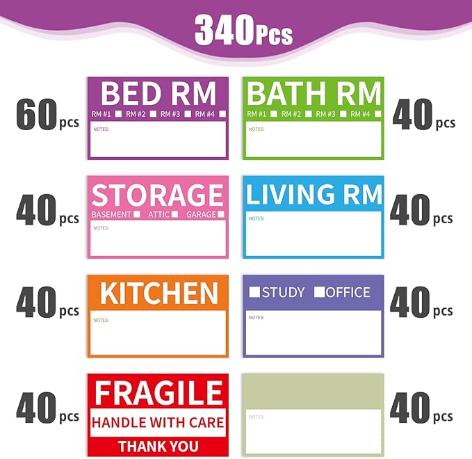 340 Home Moving Labels, 3.4 x 2 inches, 8-Color Coded Packing Box Stickers with Fragile and Blank Customizable Labels