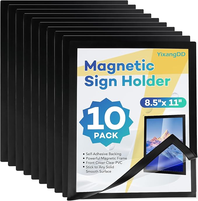 10 Pack Magnetic Sign Holder 8.5 x 11,Self-Adhesive Magnetic Wall Mount Sign Holder, Magnetic Document Holder for Wall Window Office Poster Store