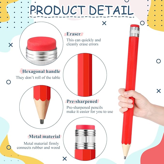 2 Pcs 16 Inch Pencils Wooden Jumbo Pencils Giant Wooden Pencils Funny Big Pencil with Cap Eraser Large Pencil Fun Novelty Gifts for Kids School Kindergarten Home Office Supplies(Red)