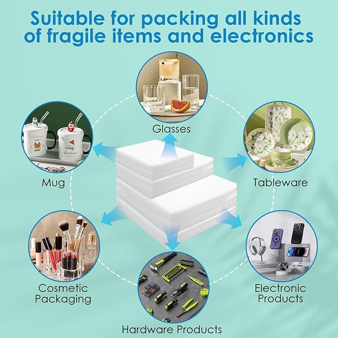 100 Pack Cushion Foam Pouches 5 Sizes wrap pouches dish packing kit (4"x6",6"x6",7.5"x7.5",7.5"x12",12"x12")Packing Supplies for Moving Packing Materials For Fragile Items Incidental50Fragile Stickers