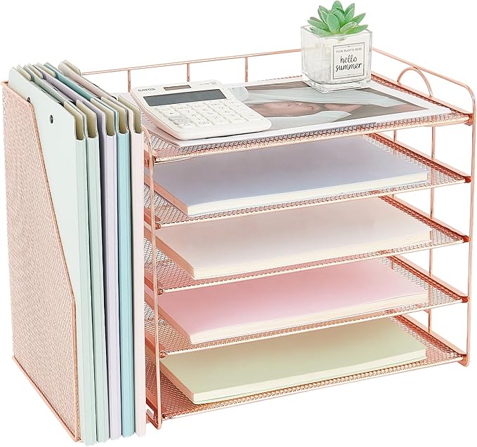 OPNCIE Desk Organizers and Accessories, 5 Tier Paper Letter Tray File Organizer, Office Organization Storage Desk Accessories Workspace Desktop Organizer for Classroom Office Supplies Decor(Rose)