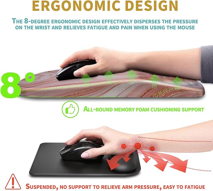 Hokafenle Ergonomic Mouse Pad Wrist Support with Massage Design, Wrist Rest Pain Relief Mousepad with Memory Foam&Non-Slip PU Base, Mouse Pads for Wireless Mouse & Desk (12x8 inch,Pink Gold Marble)