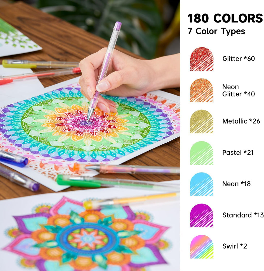 Shuttle Art 360 Pack Gel Pens Set, 180 Colors Gel Pen Set Plus 180 Color Refills Perfect for Adult Coloring Books Doodling Drawing Art Markers