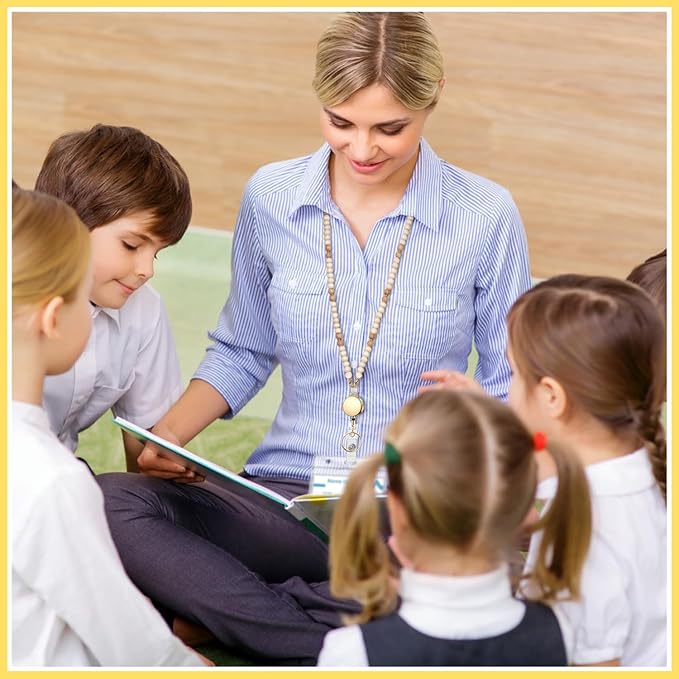 Teacher Lanyard with Id Holder, Cute Lanyards for Id Badges Keys, Retractable Natural Wooden Beaded Lanyard for Women, Lake Blue