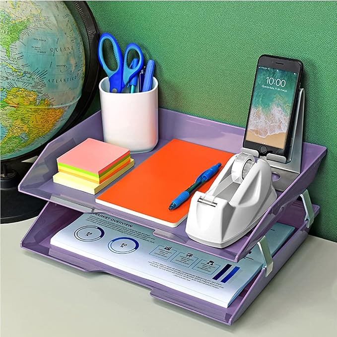 Acrimet 2 Tier Side Load Letter Tray Facility, Desktop File Organizer, A4 Letter Size Paper Organizer, Minimalist Storage Solution Paper Tray for Office, Home, Classroom (Plastic, Solid Purple Color)