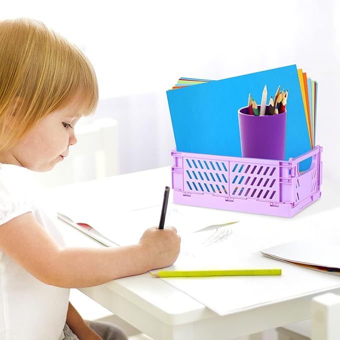 Tixill 2-Pack Mini Foldable Plastic Baskets for Organizing and Storage, Collapsible Storage Crate for Home Kitchen Bedroom Bathroom Office (9.8x6.5x3.8, Purple)