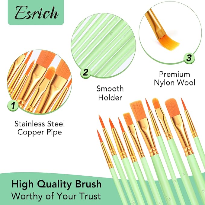 ESRICH Paint Brushes Set,10 Packs 100 Pcs Acrylic Paint Brush Set,St. Patrick's Party Acrylic Oil Watercolor, Face Nail Art, Miniature Detailing,Rock Painting,Painting Artist Professional Kits(Green)