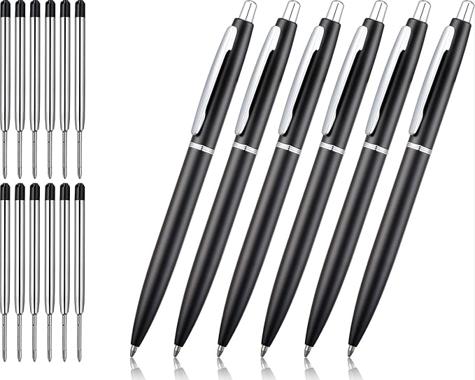 ChaoQ 6 Pcs Retractable Metal Ballpoint Pens, for Gift, Business, Office, 1.0mm Medium Point Black Ink, 12 Extras Replaceable Metal Refills - Black
