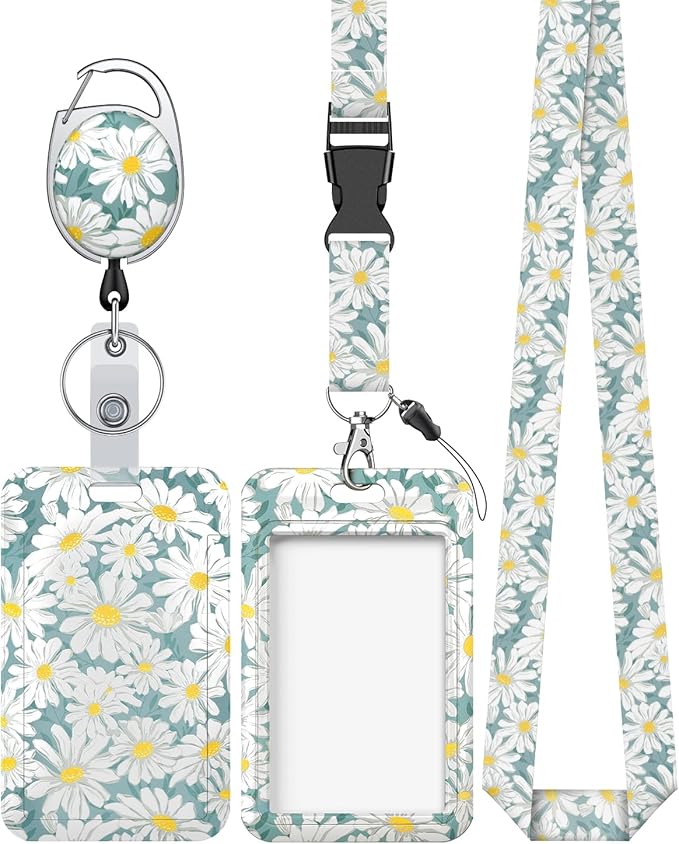Uniclife Floral Sliding Badge Holder Daisy Flower Plastic Case with Retractable Badge Reel Carabiner Clip & Detachable Lanyard Strap Fashionable Vertical Card Protector for Women Nurse Teacher Student