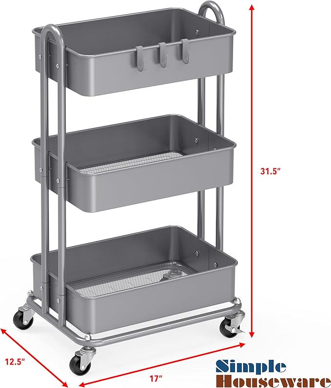 Simple Houseware Heavy Duty 3-Tier Metal Utility Rolling Cart, Silver