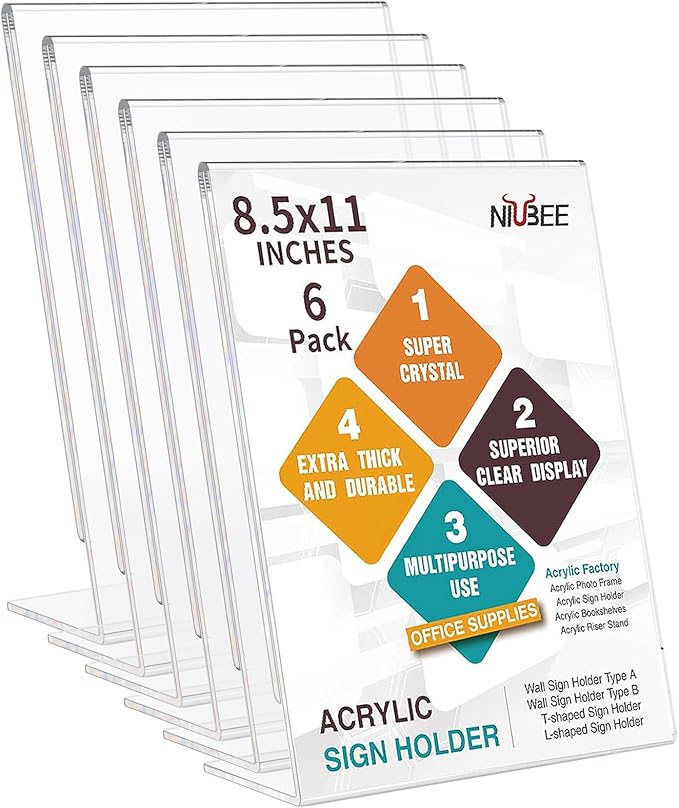 NIUBEE 6Pack 8.5x11 Acrylic Sign Holder with Vertical Slanted Back, Clear Plastic Sign Stand Frames, Flyer Document Paper Display Stand for Office Desktop