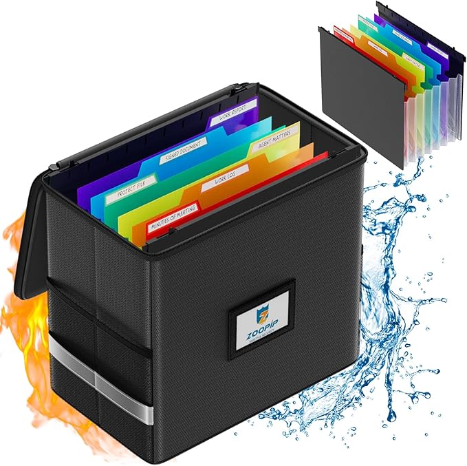 Fireproof File Box with Hanging File Folders, 7x1.2" Accordion Pockets, Hanging File Organizer for Letter Size, Retractable Hook, 1/3-Cut Tab (Folders+Box-12.6''*7.8''*9.8'')