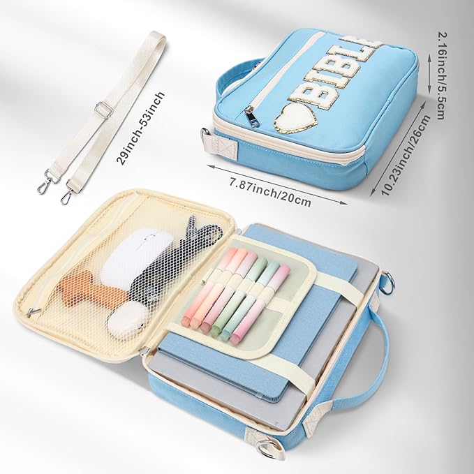 Silkfly Large Chenille Letter Bible Cover for Women Preppy Patch Bible Case Church Bible Bag with Handle(Blue)