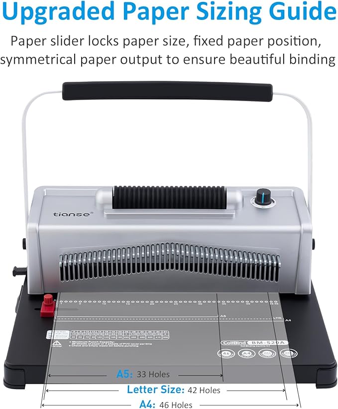 TIANSE Spiral Coil Binding Machine, Manual Book Maker Punch Binder with Electric Coil Inserter, Comes with 100pcs 5/16" Plastic Coil Binding Spines & Plier for Letter Size, A4, A5 or Smaller Sizes