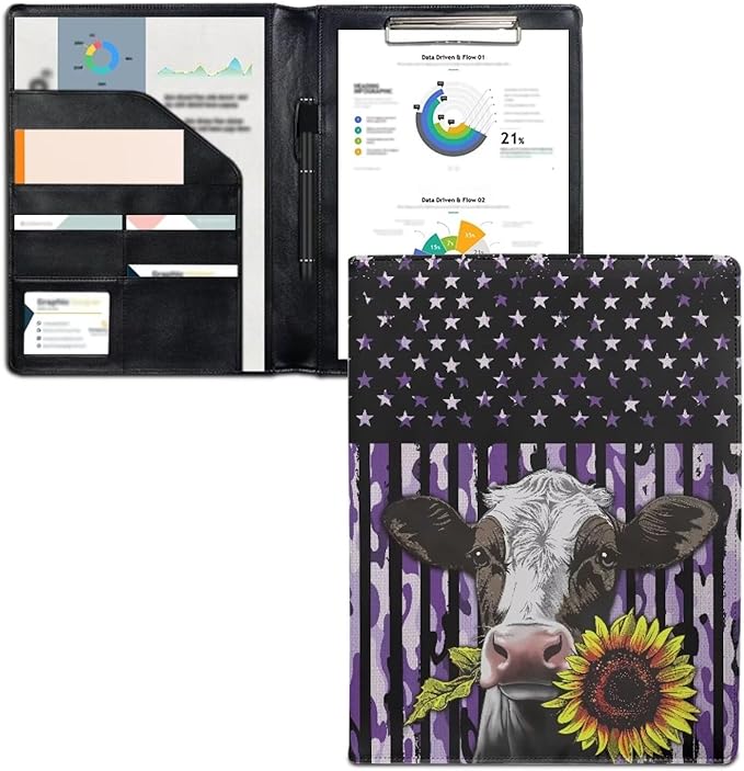 Office Folder American Flag Cow Sunflower Print PU Leather Padfolio with A4 Size Clipboard Clip for Business Resume Interview Document Sleeve Binder Folder