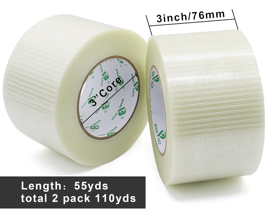 BOMEI PACK Fiber Reinforced Packing Tape, Clear Bi Directional Filament Strapping Tape 3Inch x 55yds 6.7Mil, Total 110yds