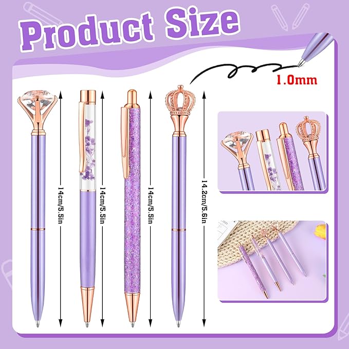 BESARME 4 Pcs Purple Pens Set, Mother's Day Gifts Purple Gifts for Women Girls Crystal Diamond Fancy Pens Christmas Gift for Women Black Ink Pretty Cute Pens for School Wedding Office Supplies