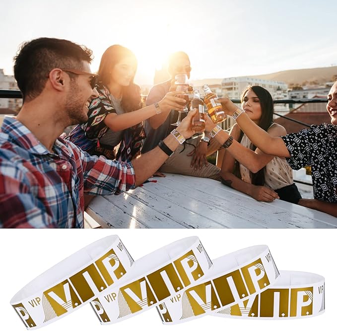 100 Pcs VIP Wristbands for Events Waterproof Paper Bracelets Lightweight Event Wristbands for Party Concert Club Amusement Park Festivals (Gold)