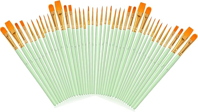 Soucolor Watercolor Paint Brushes Set, 40Pcs Round Pointed Tip Painting Supplies for Acrylic Painting Oil Watercolor Halloween Pumpkin Ceramic Crafts Supplies Rock Body Face Nail Art, Mint Green