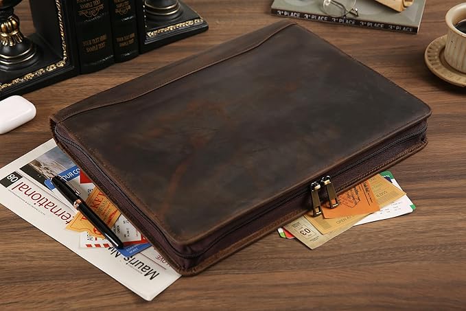 Portfolio Binder 3 Ring, Leather Binder Portfolio Folder for Left-Handed, Zippered Portfolio Padfolio Binder for Women, Leather Portfolio Organizer for Men (Dark Khaki, Custom)