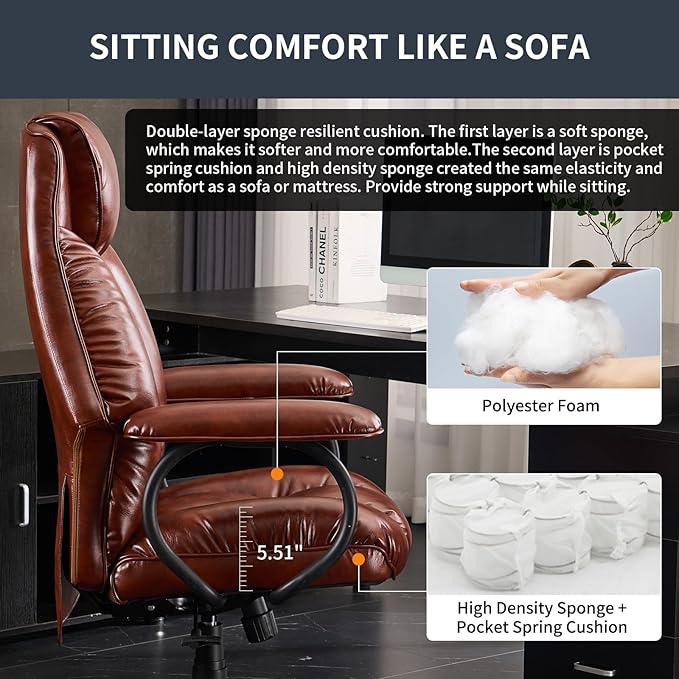 Office Chair Big and Tall, High Back Home Office Chair 400 lbs, Executive Desk Chair, Ergonomic Office Chair with Padded Armrest, Swivel Computer Chair PU Leather (Brown)