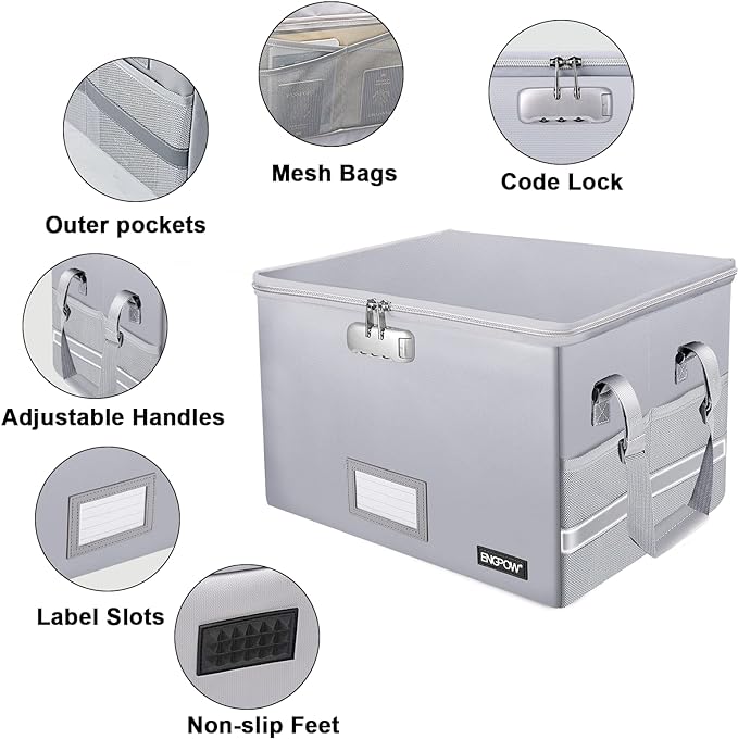 ENGPOW File Box with Lock,Fireproof Document Box with Pockets,Collapsible File Storage Organizer Filing Box with Handle,Portable Home Office File Cabinet Safe for Hanging Folders,2 Pack(Silver)