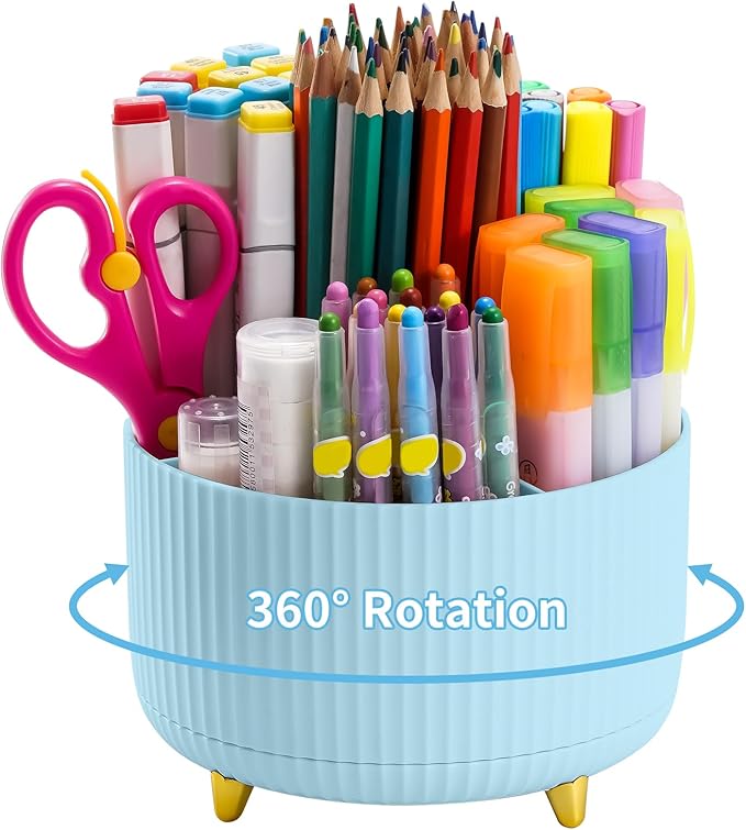 Marbrasse Desk Organizer, 360-Degree Rotating Pen Holder for Desk, Desk Organizers and Accessories with 5 Compartments Pencil Organizer, Art Supply Storage Box Caddy for Office, Home （Light Blue）