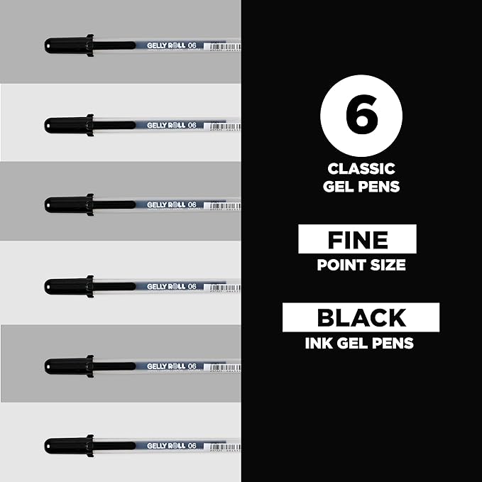 SAKURA Gelly Roll Gel Pens - Fine Point Ink Pen for Journaling, Art, or Drawing - Classic Black Ink - Fine Tip - 6 Pack