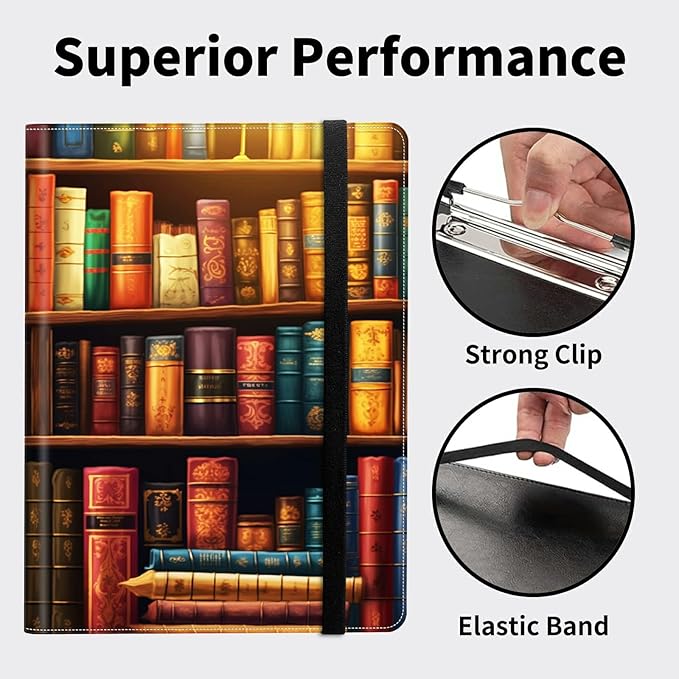 Padfolio Folder with Clipboard,Portfolios Organizer Clipboards with Storage Clipboard Writing Pad PU Leather Conference Document Organizer with Business Card Holder,Vintage Bookshelf