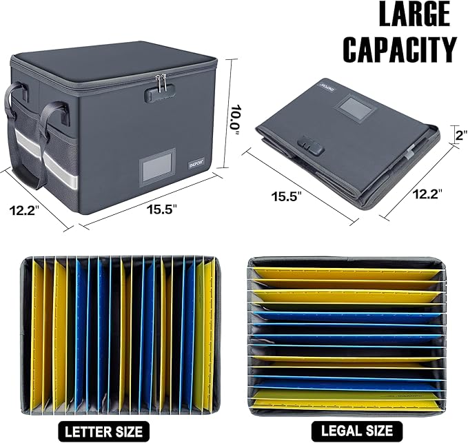 ENGPOW File Box with Lock,Fireproof Document Box with Pockets,Collapsible File Storage Organizer Box Filing Box with Handle,Portable Home Office Safe Box for Hanging Letter/Legal Folder,2 Pack(Gray)