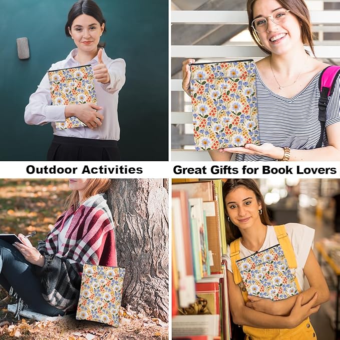 Watercolor Floral Pattern Book Lovers Gifts Waterproof Book Sleeve Book Pouch Book Protector with Zipper and Front Pocket BookCover Case for Women Girl Bride Sister Book Accessories Book Club Gifts