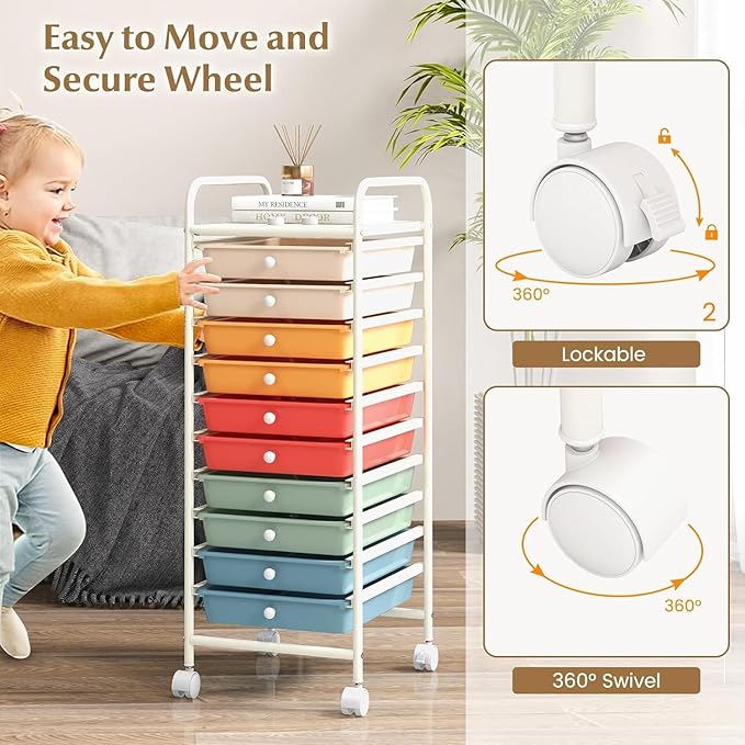 Storage Cart, Rolling Utility Cart with 10 Drawers, Portable Handles & Lockable Wheels, Mobile Paper Toys Storage Organizer Large Capacity for Home Office School Teacher (Macaron)