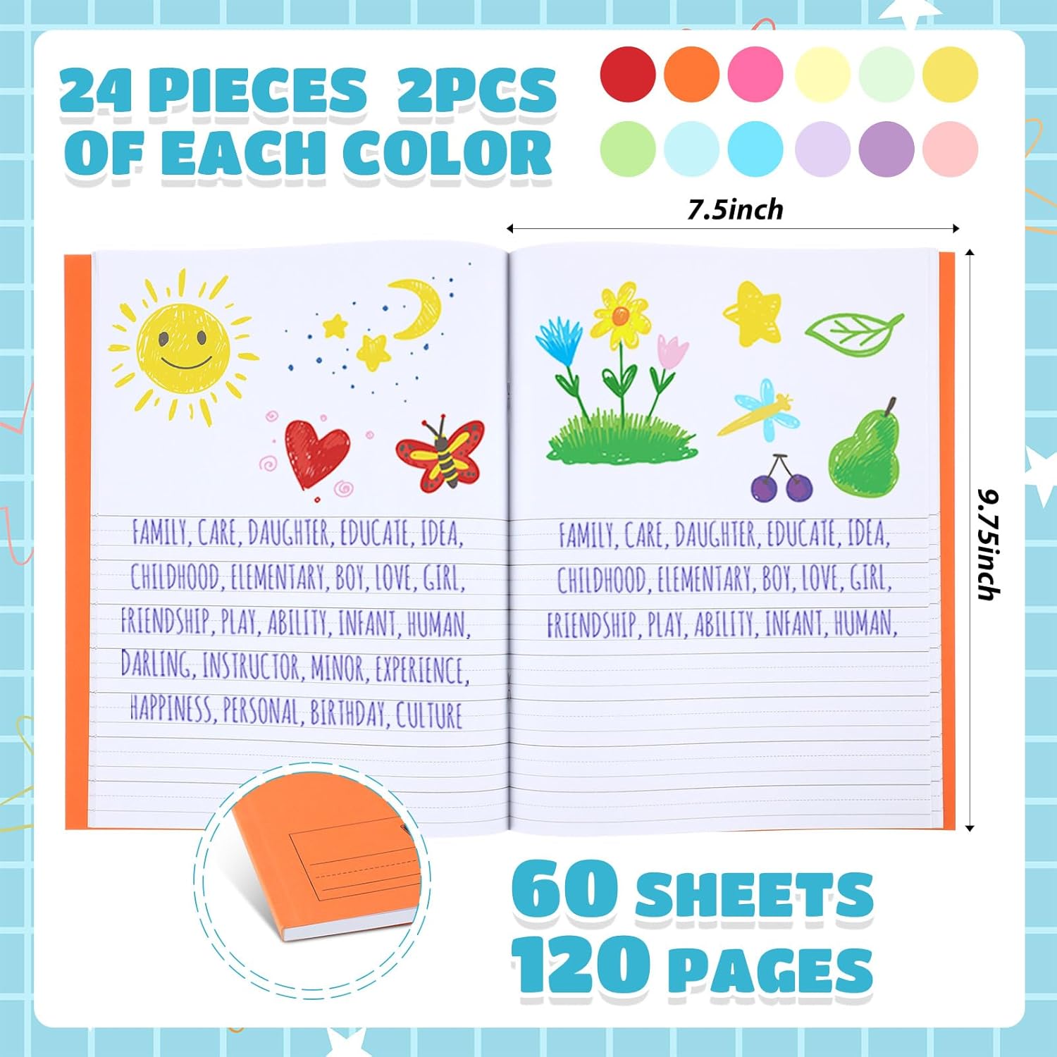 Henoyso 24 Pcs 120 Pages Primary Composition Notebooks K-2 9 3/4 x 7 1/2 Inch Journals Primary Journals Blank Books for Kids to Write Stories Kindergarten (Classic Color)