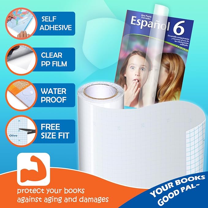 Olivo Clear Contact Paper Roll for Books Crafts 17.5 in x 5 ft Peel and Stick Adhesive Book Cover Plastic Protector