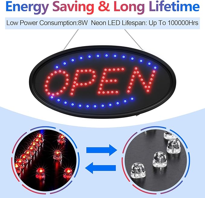 LED Open Sign for Business, Neon Open Sign with High Brightness Flashing Electronic Billboard, Lighted Open Sign with Two Flashing Modes for Walls, Window, Bar, Hotel,Shop (19"x10")