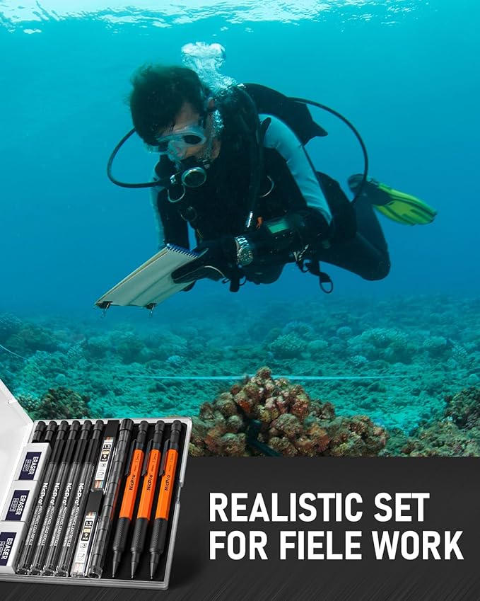 Nicpro 3 PCS 1.3 mm Orange Mechanical Pencils Set with 66 Lead Refill, 3 Eraser - Weatherproof Metal Barrel, Heavy Duty Carpenter Pencil MP2000 for Outdoor Marking Drafting Drawing Woodworking