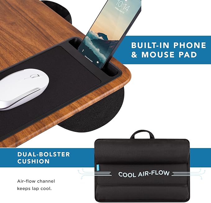 LAPGEAR Home Office Pro Lap Desk with Wrist Rest, Mouse Pad, and Phone Holder - Espresso Woodgrain - Fits up to 15.6 Inch Laptops - Style No. 91612