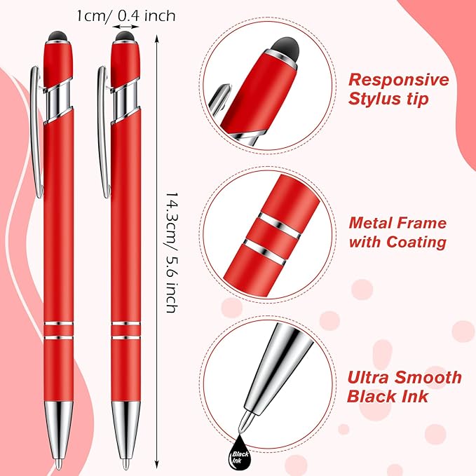 Zonon 38 Pieces Rubberized Ballpoint Pen with Stylus Tip Stylish Metal Pen Capactive Styli with Soft Rubberized Grip, Black Ink for Most Devices(Red)