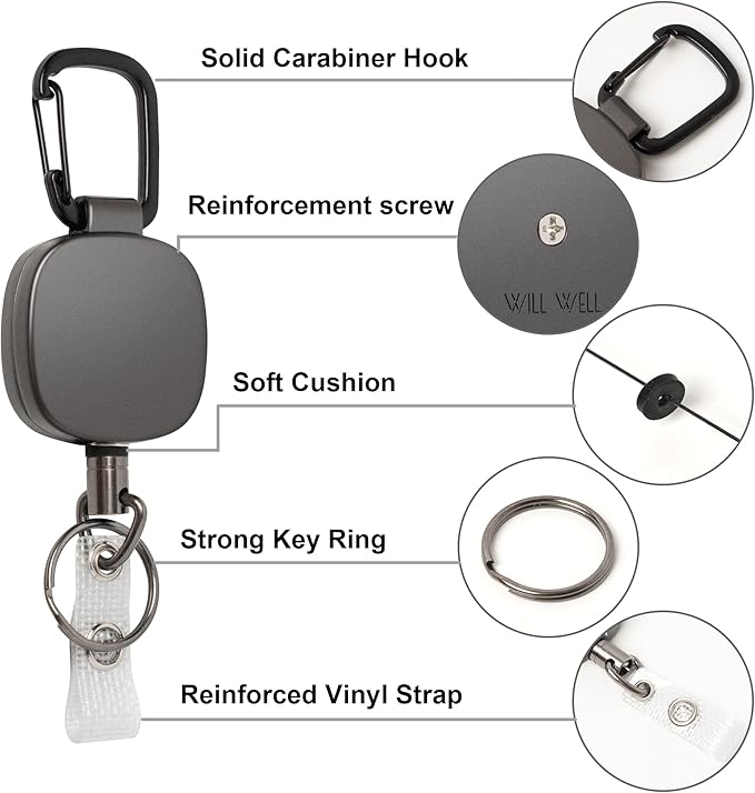 Will Well ID Badge Holder Reel with Clip and Keyring - Heavy-Duty All-Metal Casing with 27.5"UHMWPE Fiber Pull Cord for Durability and Easy Access, Holds up to 8 Keys - 2-Pack, Square, Matte Black