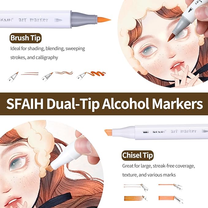 SFAIH Skin Tone Brush Tip Alcohol Markers - 12 Light Skin Colors Double Tipped Art Markers for Artist Adult Coloring Illustration, Gifts for Artist Adult, Dual Tip Brush & Chisel - Refillable Ink
