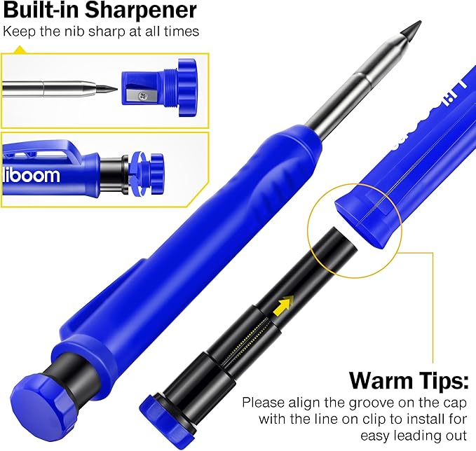 Hiboom 2 Pack Solid Carpenter Pencil with 14 Refill, Long Nosed Deep Hole Mechanical Pencil Marker with Built-in Sharpener for Carpenter Woodworking Architect with Design Patent (Black, Blue)