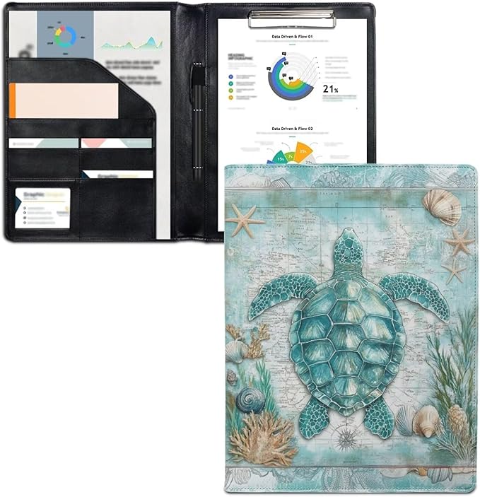 Cozeyat Sea Turtle Padfolio with Clipboard for Women Folders for School Aesthetic Portfolio Binder Organizer, A4 Business Interview Resume Folder