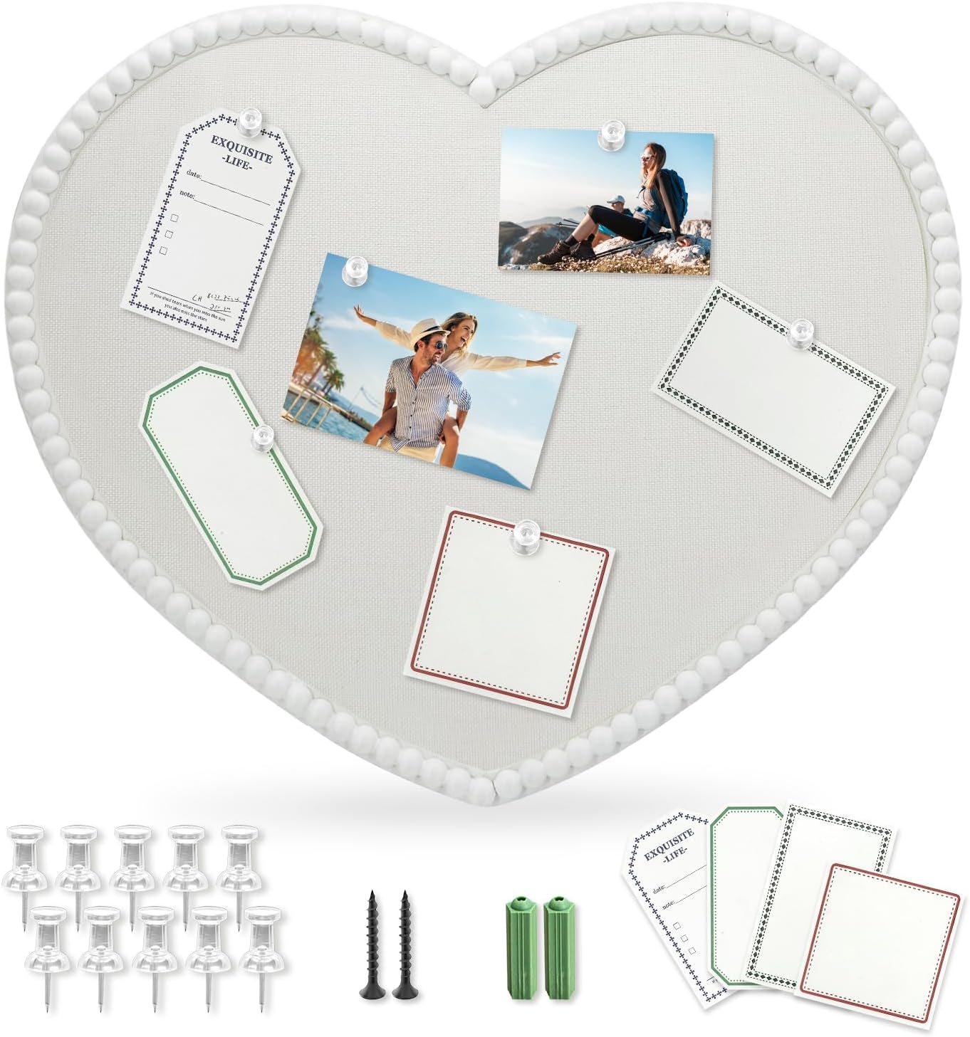 Large Heart Cork Bulletin Board with Linen, 24x19 Inch White Wood Frame Cute Picture Pin Board, Decorative Vision Board for Home Office, Study, Bedroom and Dormitory