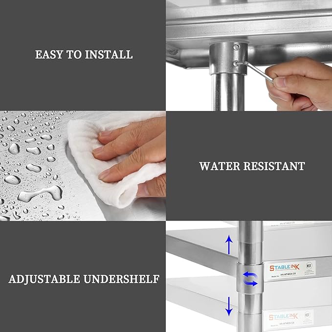 STABLEINK NSF Stainless Steel Table, 24 x 30 Inches Metal Prep & Work Table with Backsplash, Adjustable Undershelf and Table Foot, for Commercial Kitchen, Restaurant (Without Caster Wheels)