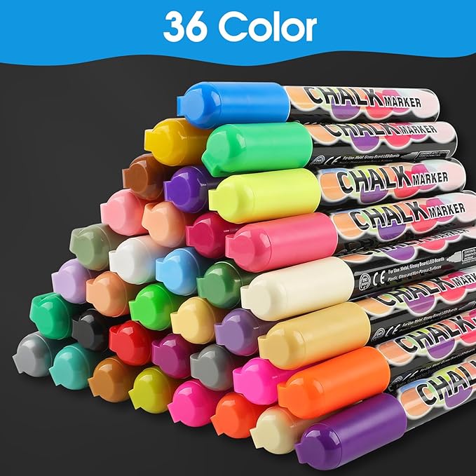 MaxGear Chalk Markers, 36 Color Liquid Chalk Marker for Blackboard, Wet Erase Window Markers for Glass Washable with 6mm Reversible Bullet & Chisel Tip for Chalkboard, Glass, Window, Mirror, 36 Pack