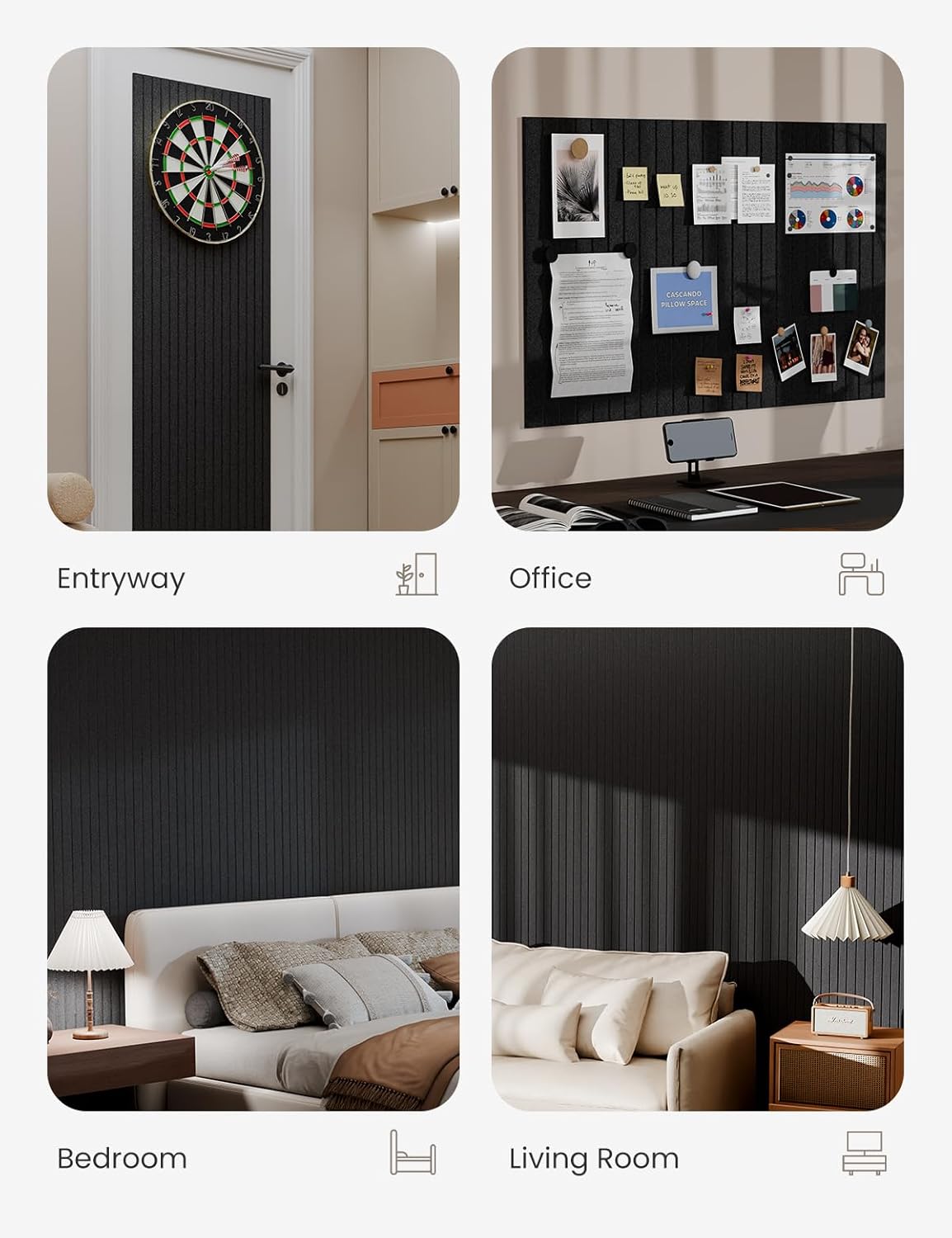 Bumusty Large Cork Board Alternative-36 x24 Felt Bulletin Board Tiles, with 30 Pushpins, 40 Adhesive Tabs, 6-Pack Slat Wall Paneling, Cork Boards for Office Push Pin Board Felt Board-Black