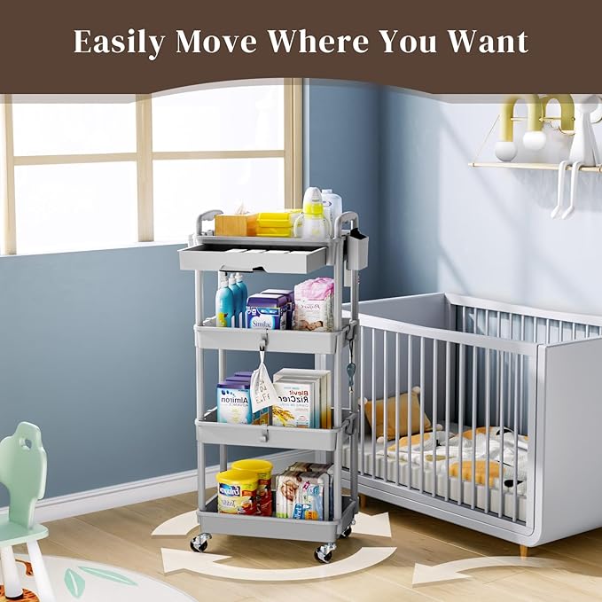 4 Tier Rolling Utility Cart with Drawer, Utility Storage Organizer with Plastic Shelf & Lockable Wheels Multifunctional Storage Cart for Kitchen, Bathroom, Office, Living Room, Gray